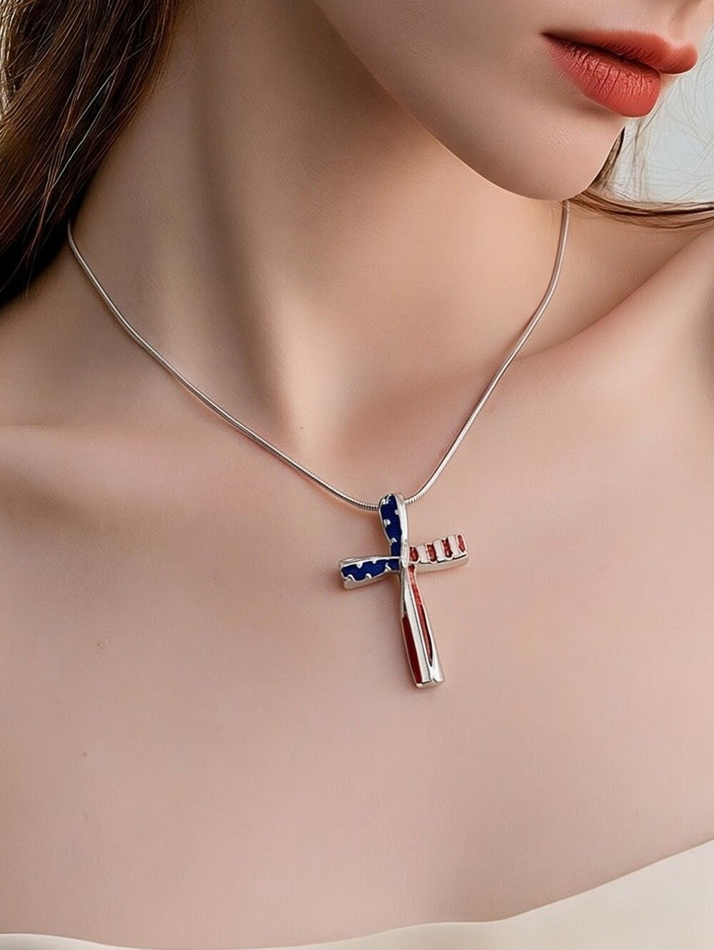 American Flag Cross Pendant Necklace Patriotic USA Stars Stripes Silver Chain 18